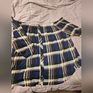 Rue+ Off-Shoulder Plaid Button-Up Top